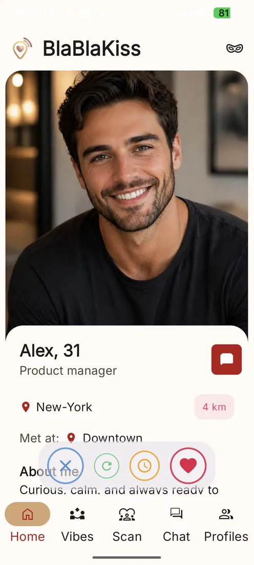BlaBlaKiss real matching profile for Alex with distance and place context