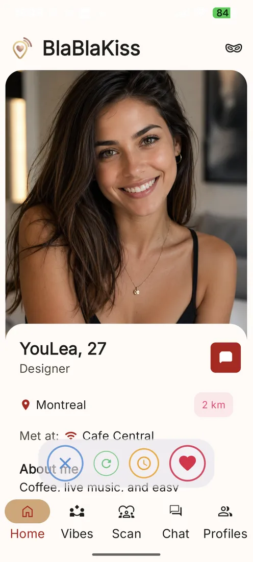 BlaBlaKiss real matching profile for YouLea with city, cafe, and distance