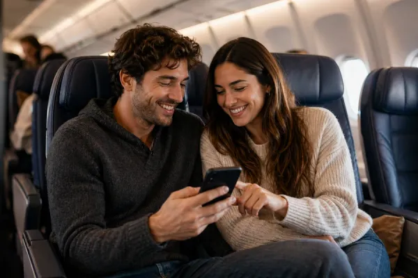 Passengers enjoying a friendly moment on an airplane with in-flight WiFi