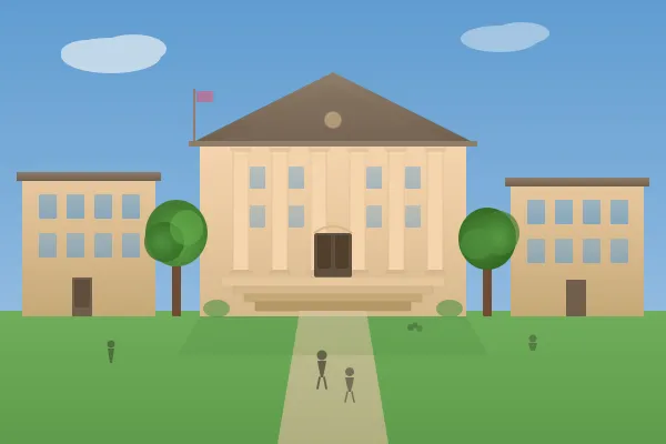 University campus with students