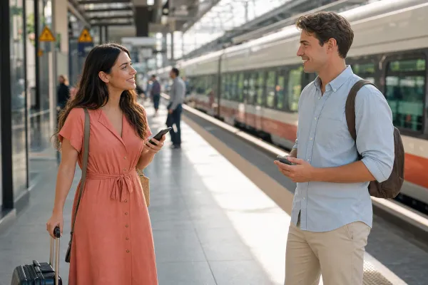 Train station platform with commuters